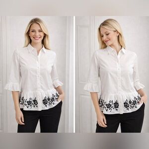 Kate Spade White Blouse Bell Sleeve Peplum Black Embroidery Size XS